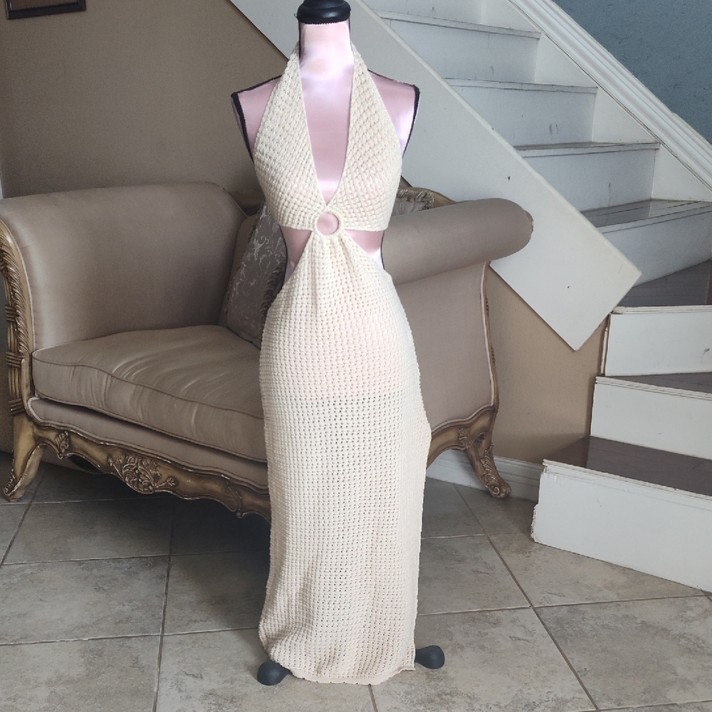 SHEIN Cream Backless Halter Dress